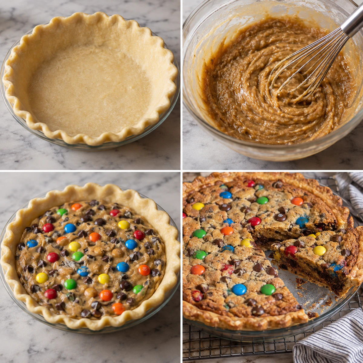 Four chronological preparation stages for Sweet Candy Cookie Pie