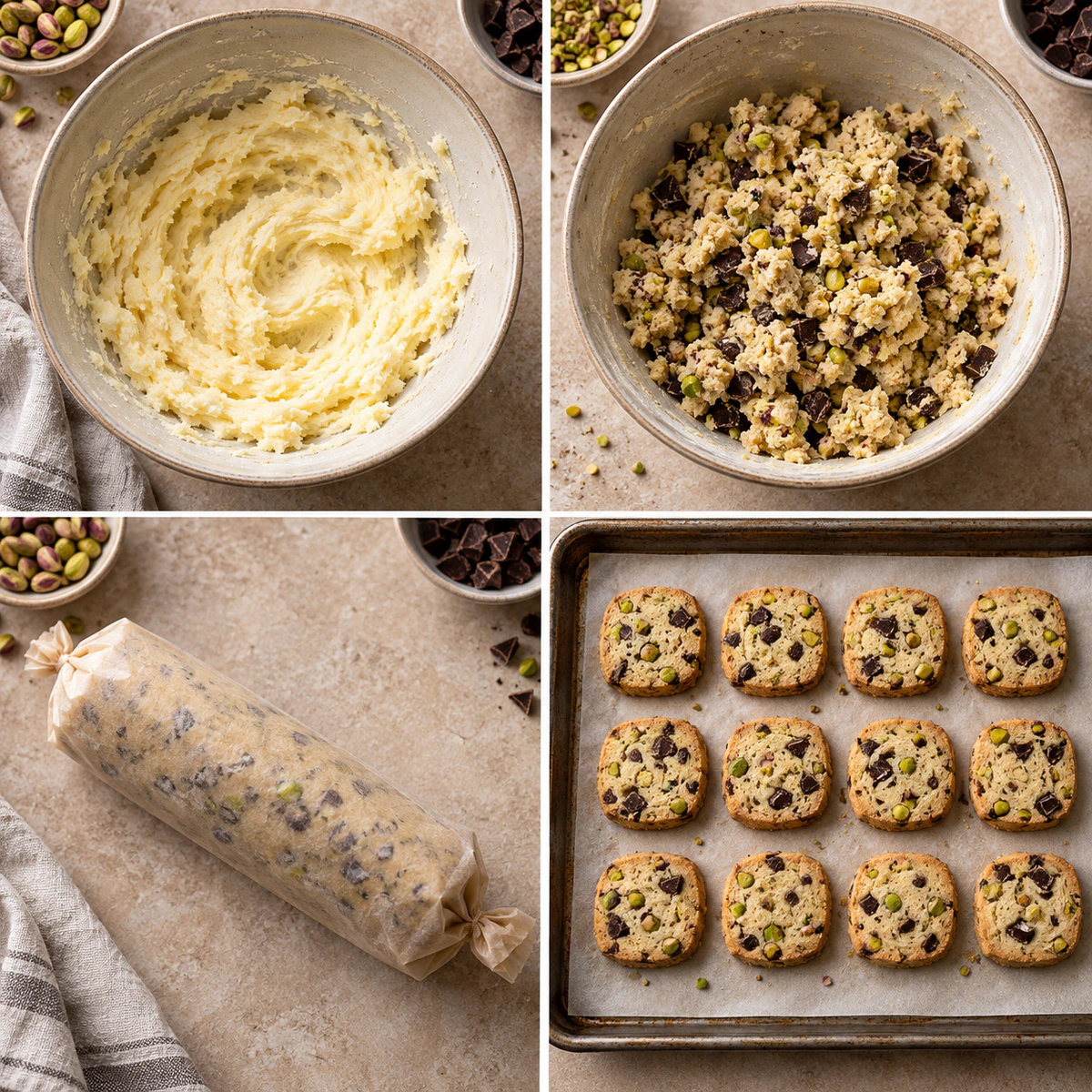 Four chronological preparation stages for Nutty Chocolate Shortbread