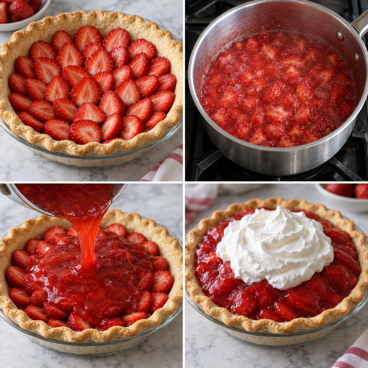 Four chronological preparation stages for Sweet Glazed Berry Pie