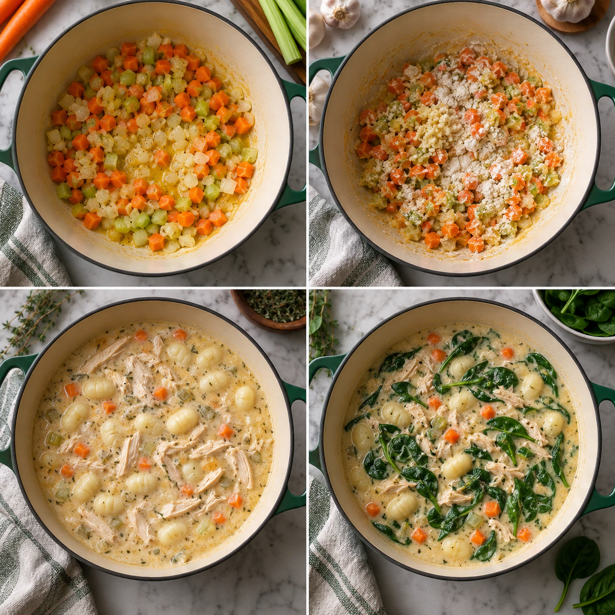 Four chronological preparation stages for Creamy Gnocchi Chicken Soup