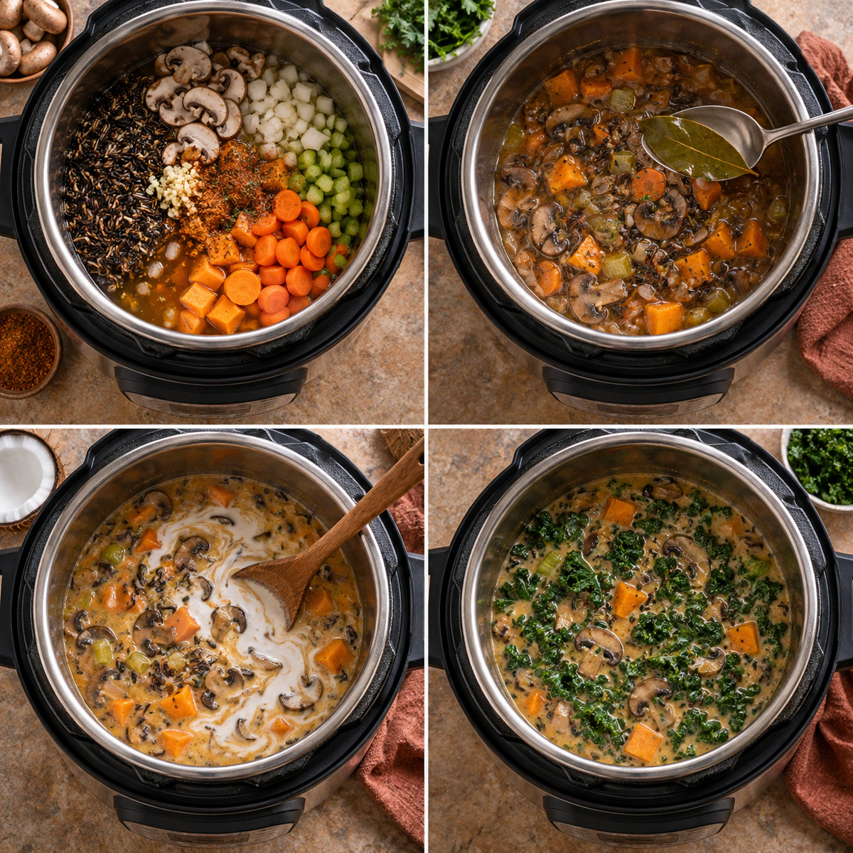 Four chronological preparation stages for Hearty Fall Veggie Soup