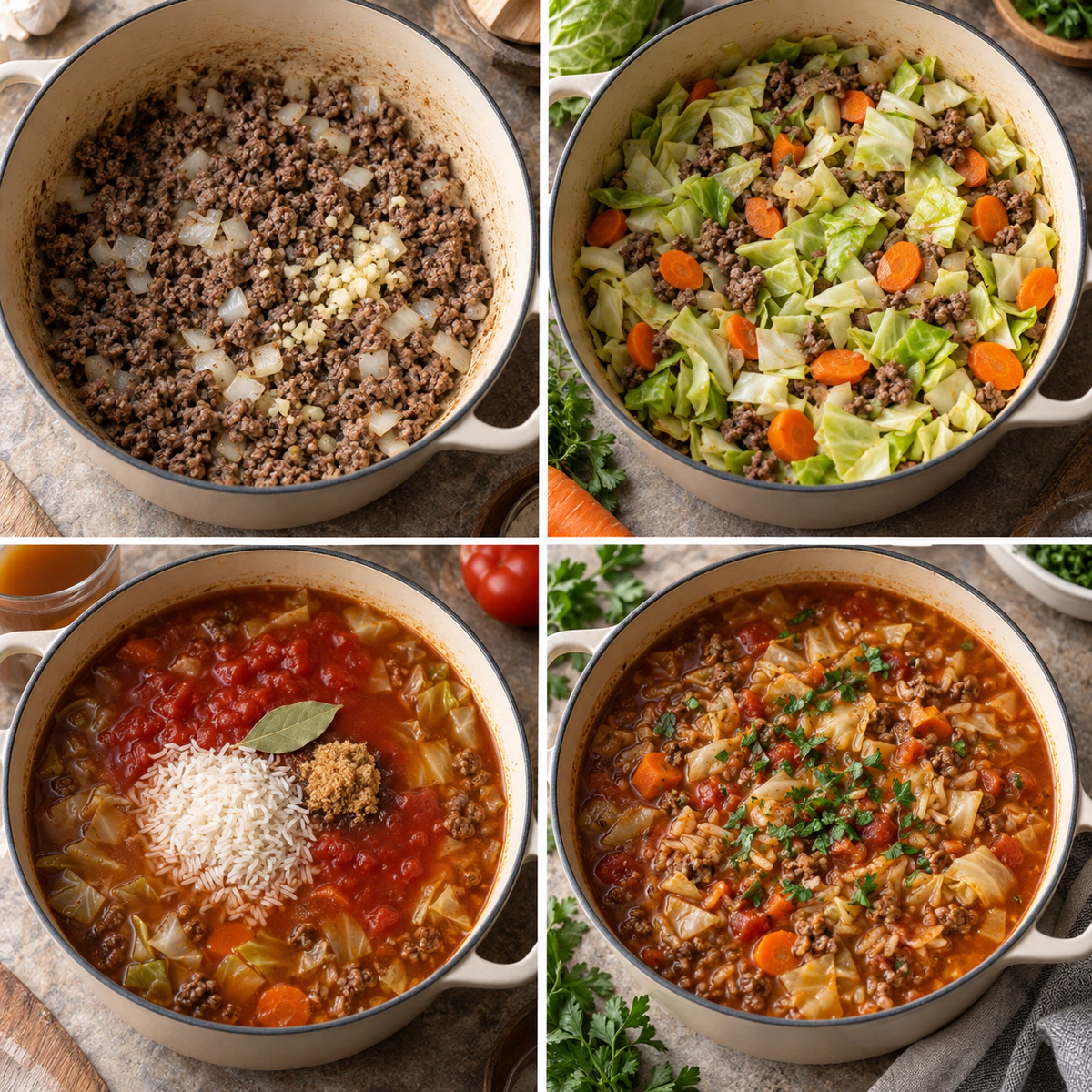 Four chronological preparation stages for Hearty Cabbage Beef Soup
