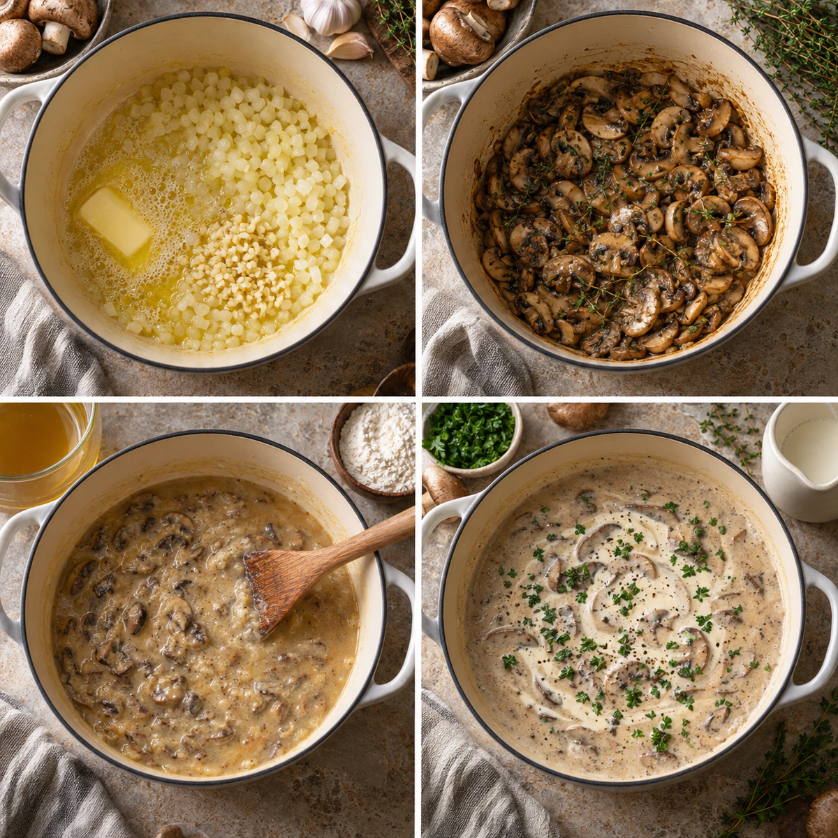 Four chronological preparation stages for Rich Homemade Mushroom Soup