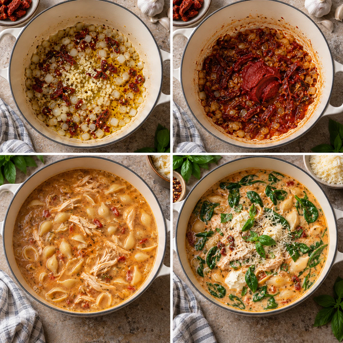Four chronological preparation stages for Rich Creamy Chicken Pasta