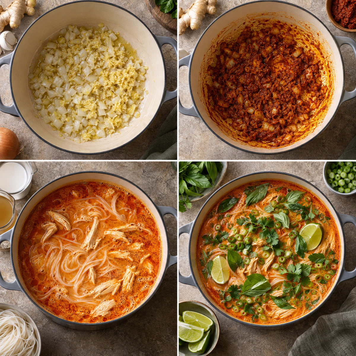 Four chronological preparation stages for Quick Thai Curry Soup