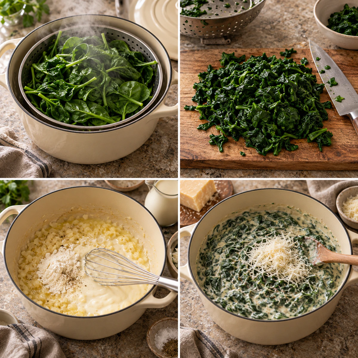 Four chronological preparation stages for Rich Parmesan Spinach Side