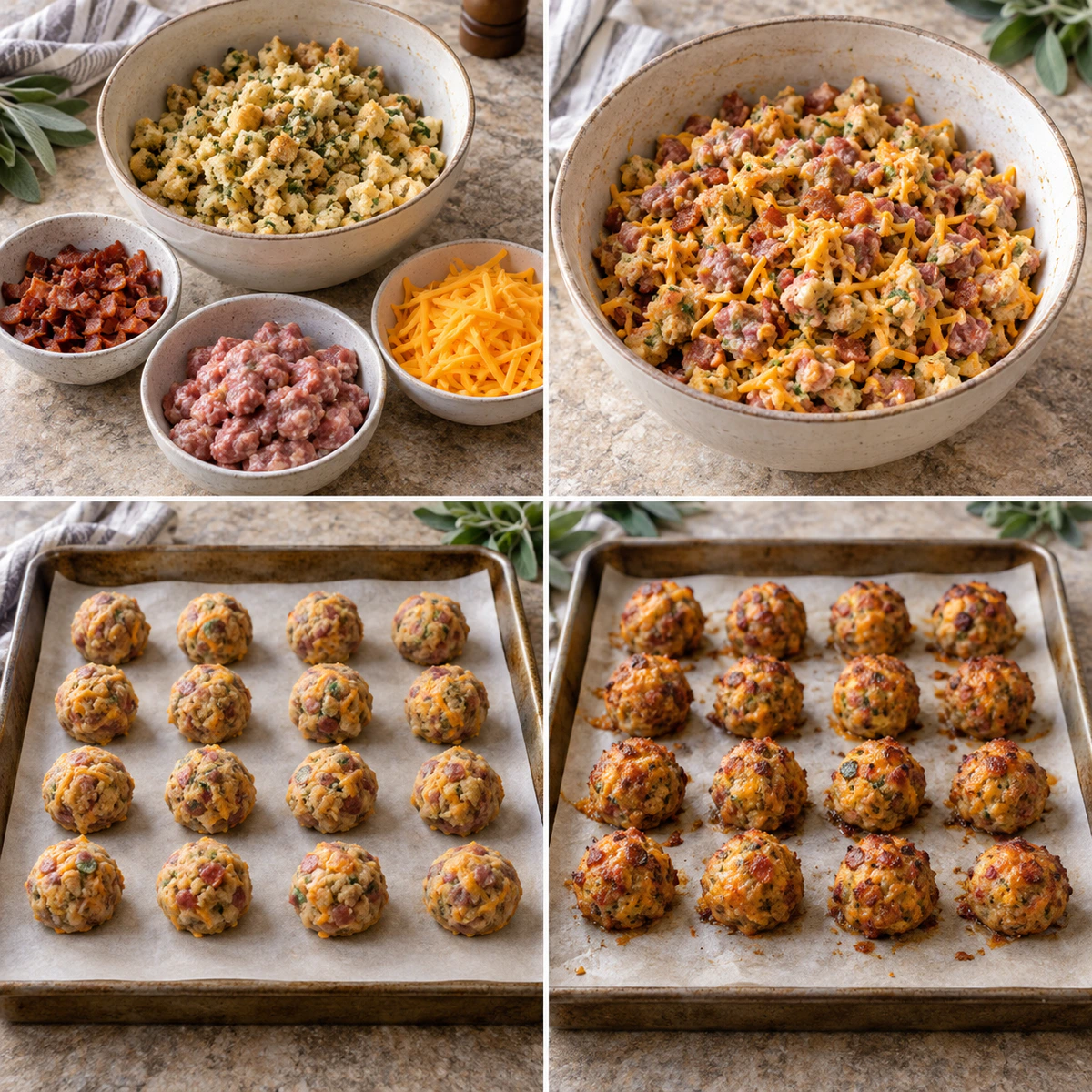 Four chronological preparation stages for Cheesy Sausage Party Bites