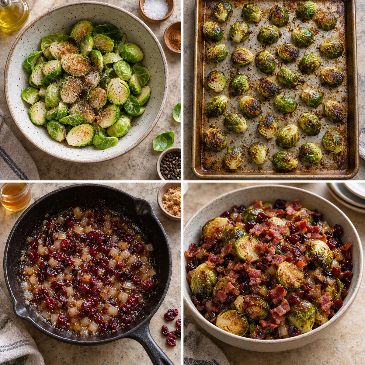 Four chronological preparation stages for Sweet Bacon Brussels Sprouts