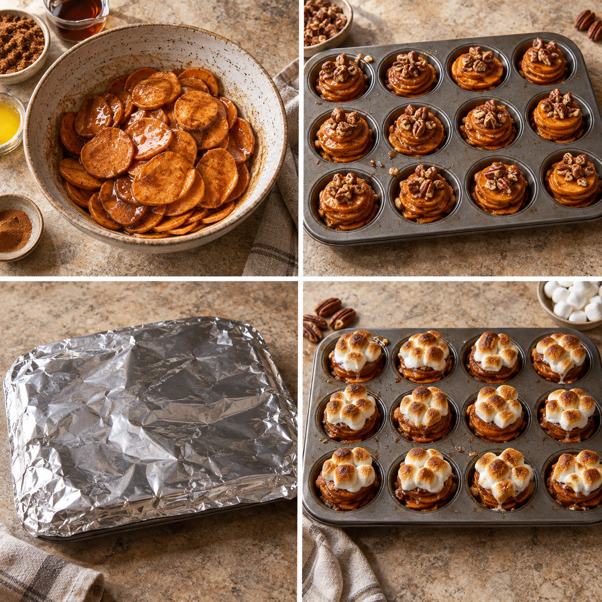 Four chronological preparation stages for Mini Sweet Potato Treats