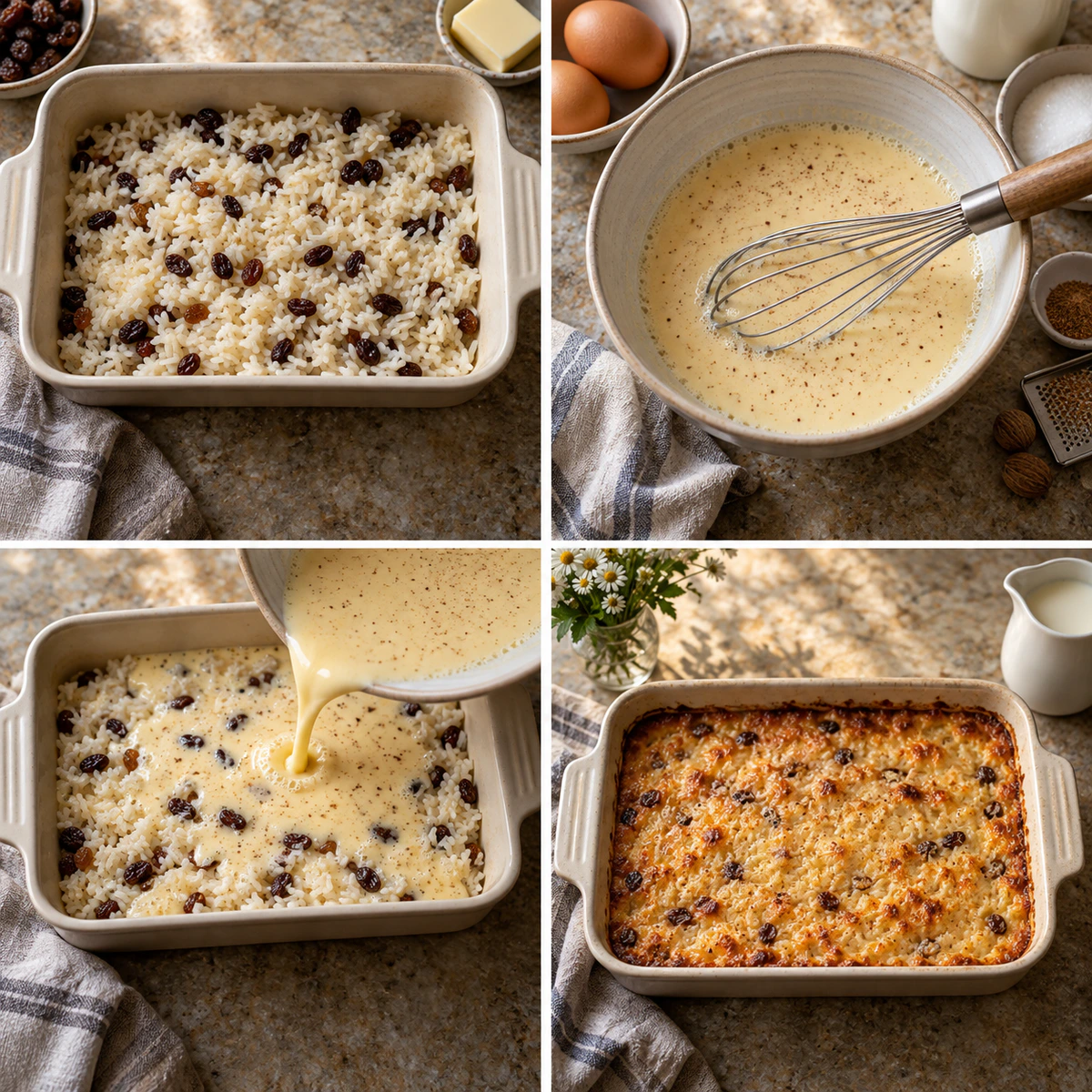 Four chronological preparation stages for Sweet Creamy Rice Treat