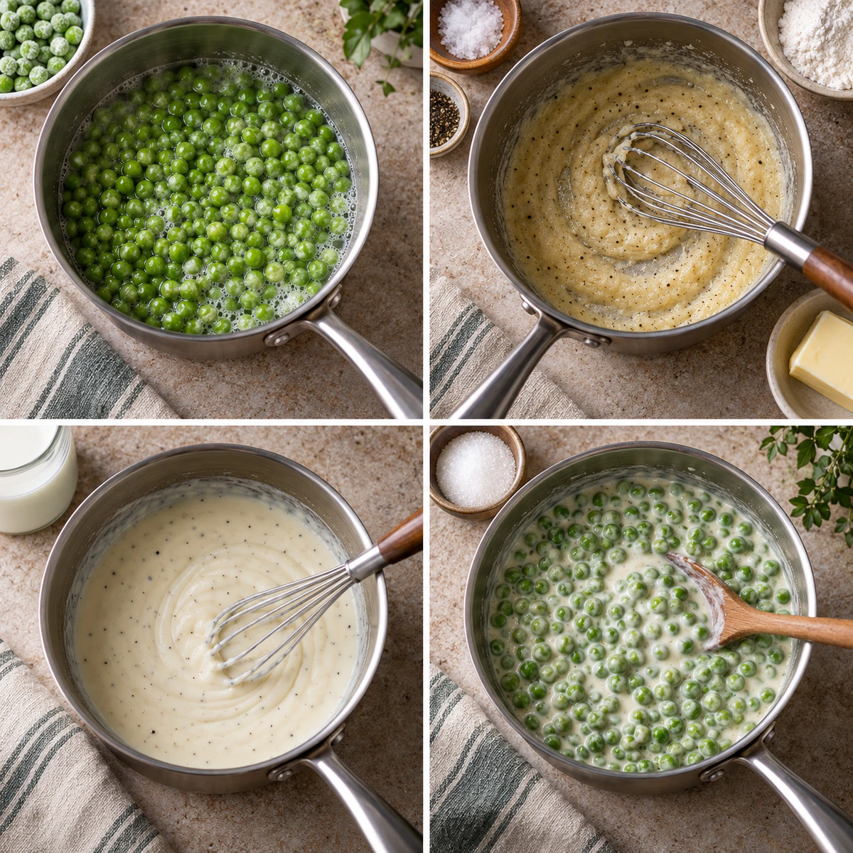Four chronological preparation stages for Simple Creamy Garden Peas