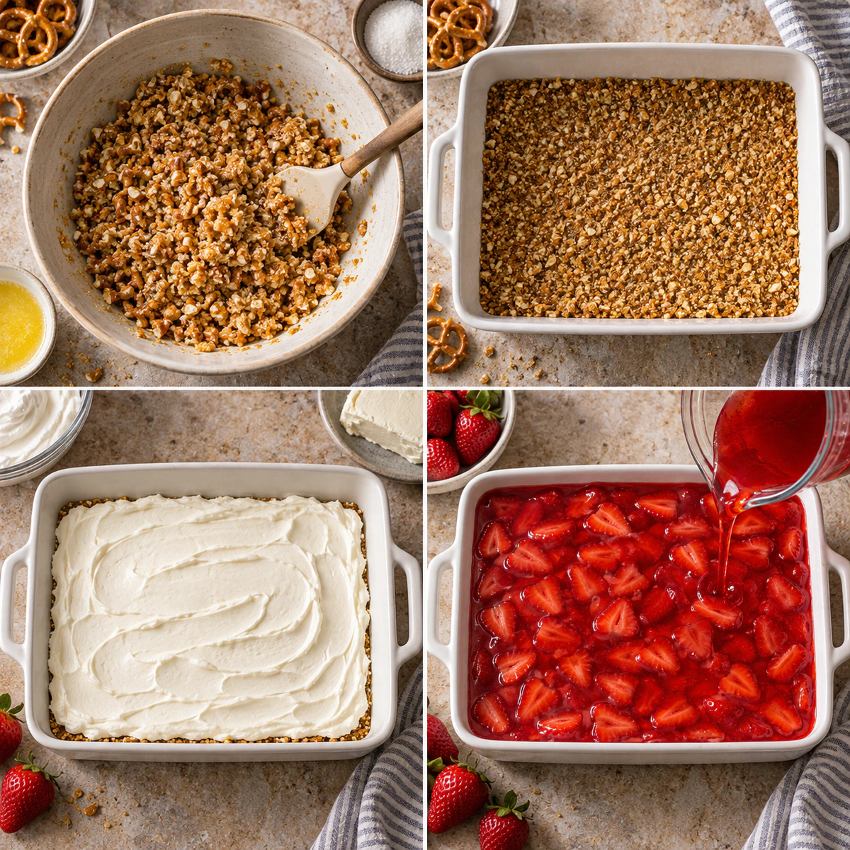 Four chronological preparation stages for Sweet Salty Berry Treat