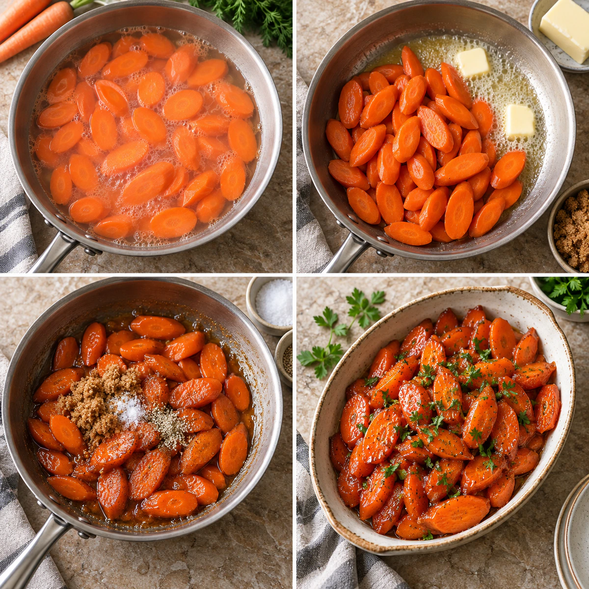 Four chronological preparation stages for Sweet Glazed Carrot Side