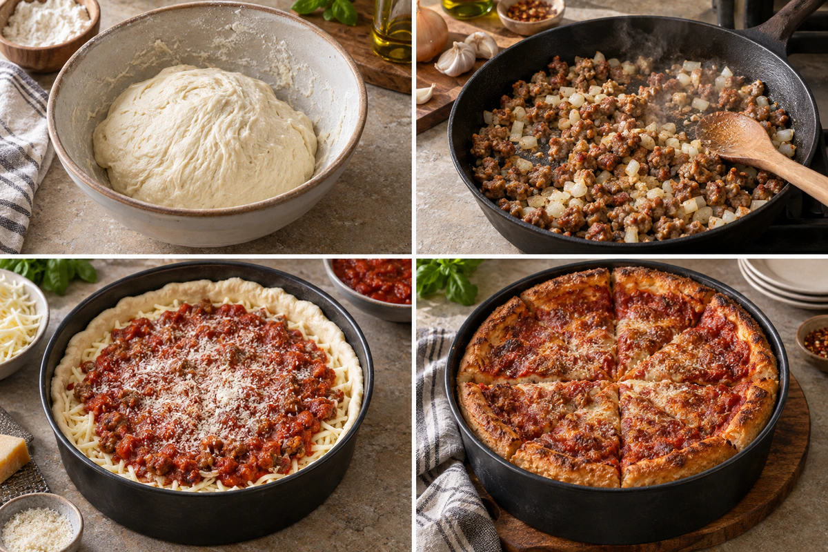 Four chronological preparation stages for Classic Deep Pizza Pie