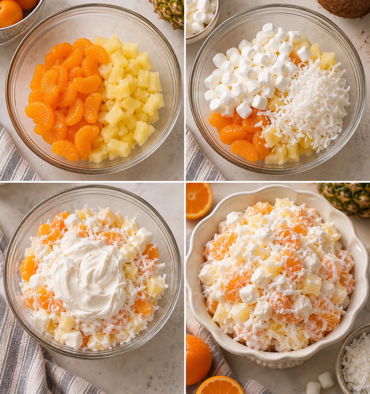 Four chronological preparation stages for Sweet Fruity Coconut Treat