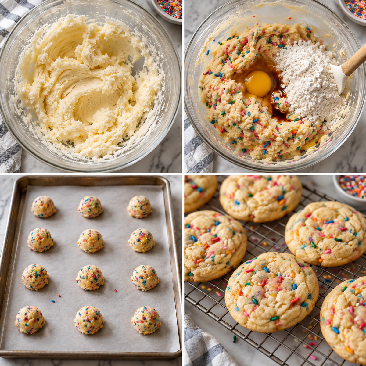 Four chronological preparation stages for Rainbow Sprinkle Cookies