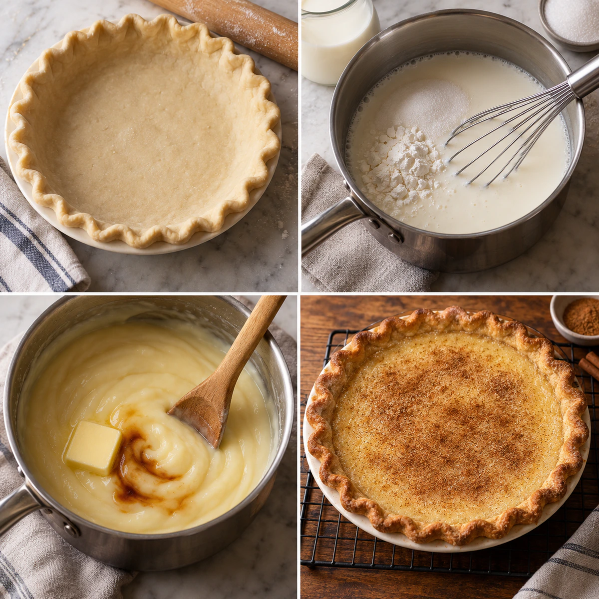 Four chronological preparation stages for Sweet Creamy Indiana Pie
