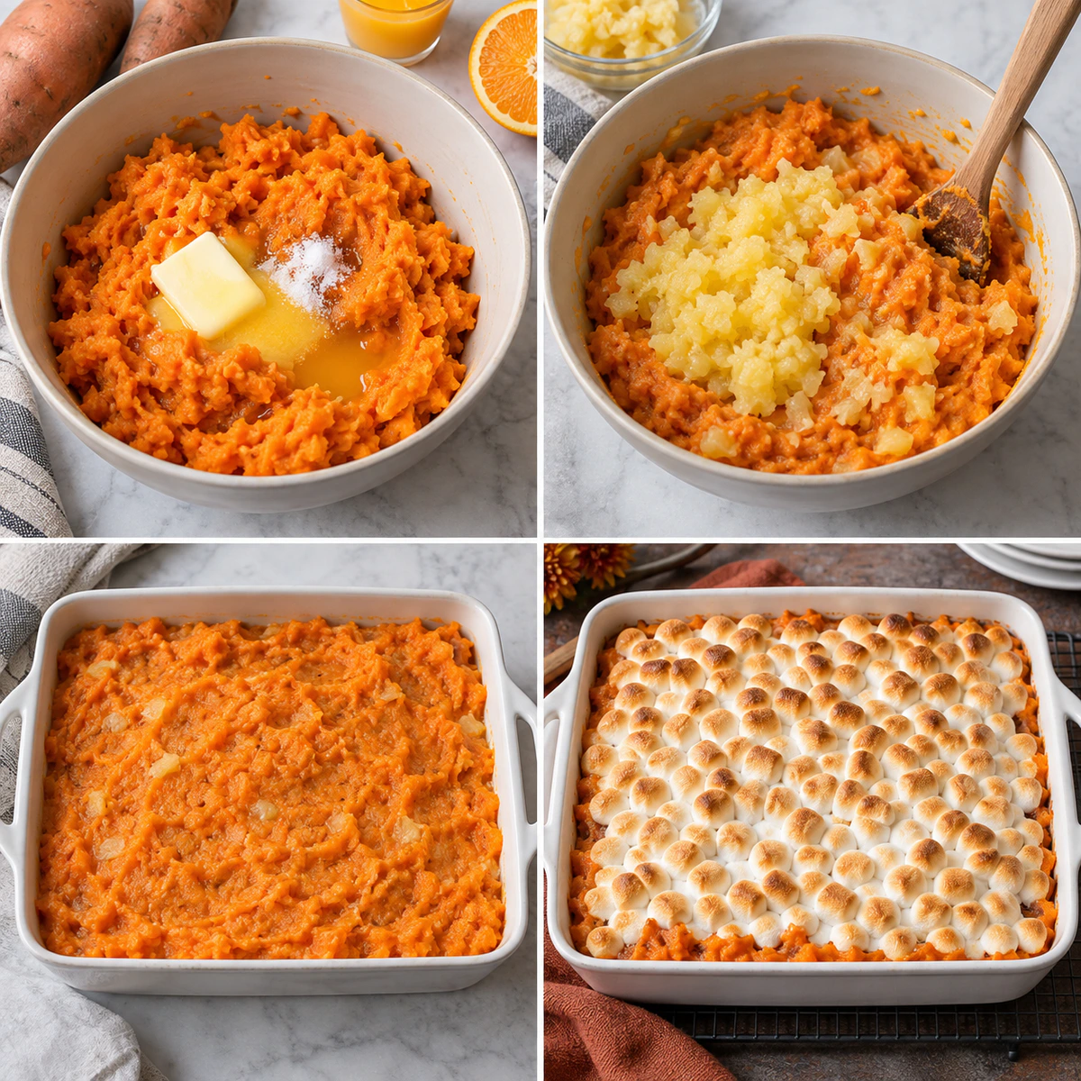 Four chronological preparation stages for Southern Holiday Sweet Casserole