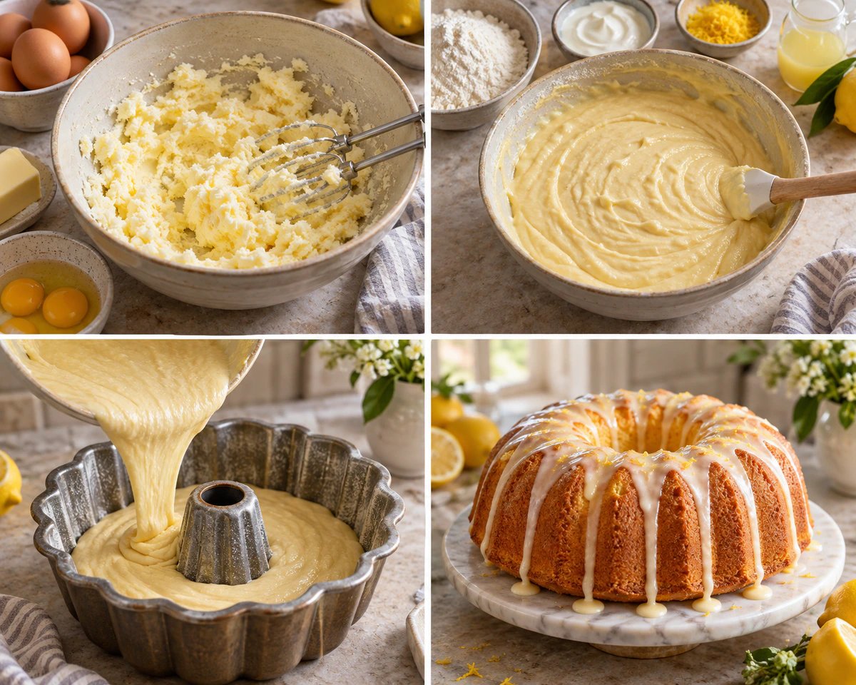 Four chronological preparation stages for Fresh Citrus Cake