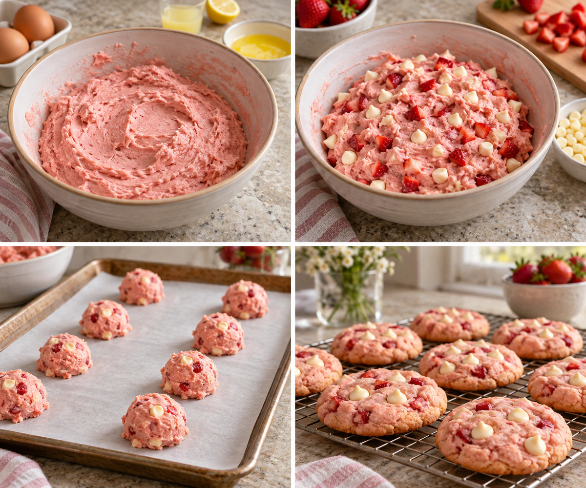 Four chronological preparation stages for Easy Pink Sweet Cookies