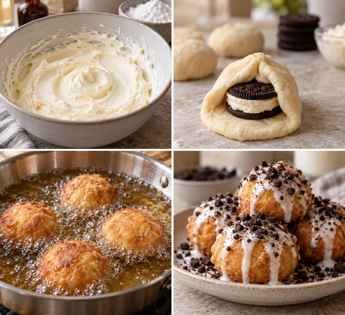 Four chronological preparation stages for Deep Fried Cookie Treats