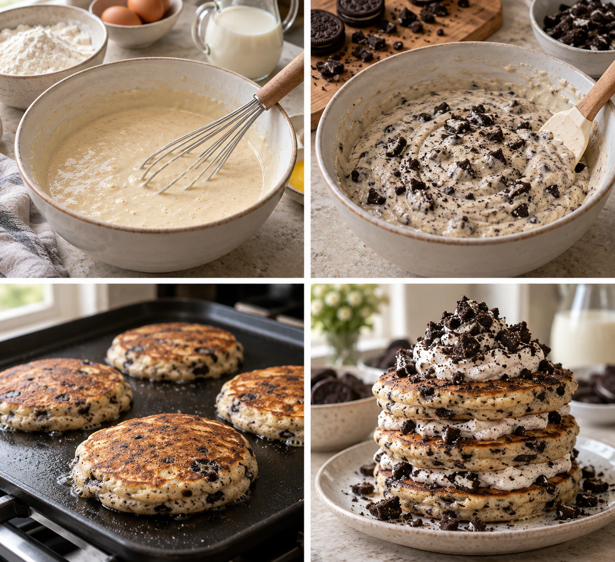 Four chronological preparation stages for Sweet Cookie Breakfast Stack