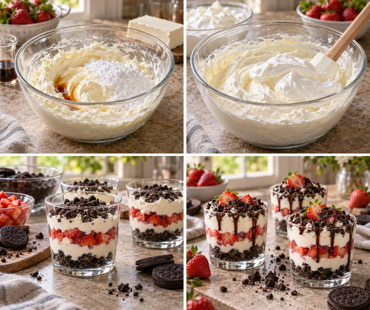 Four chronological preparation stages for Sweet Berry Cream Cups