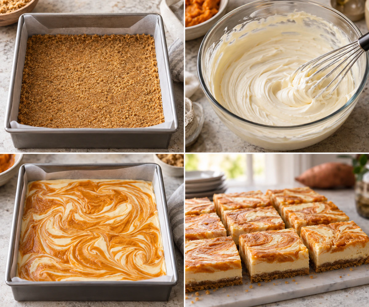 Four chronological preparation stages for Fall Spiced Dessert Bars