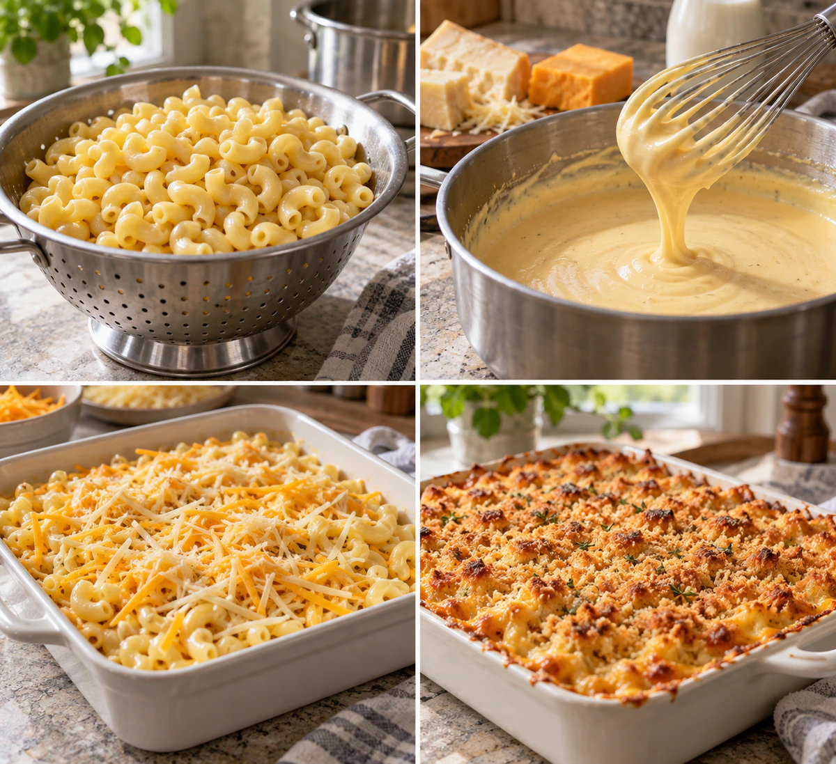 Four chronological preparation stages for Rich Cheesy Pasta Bake