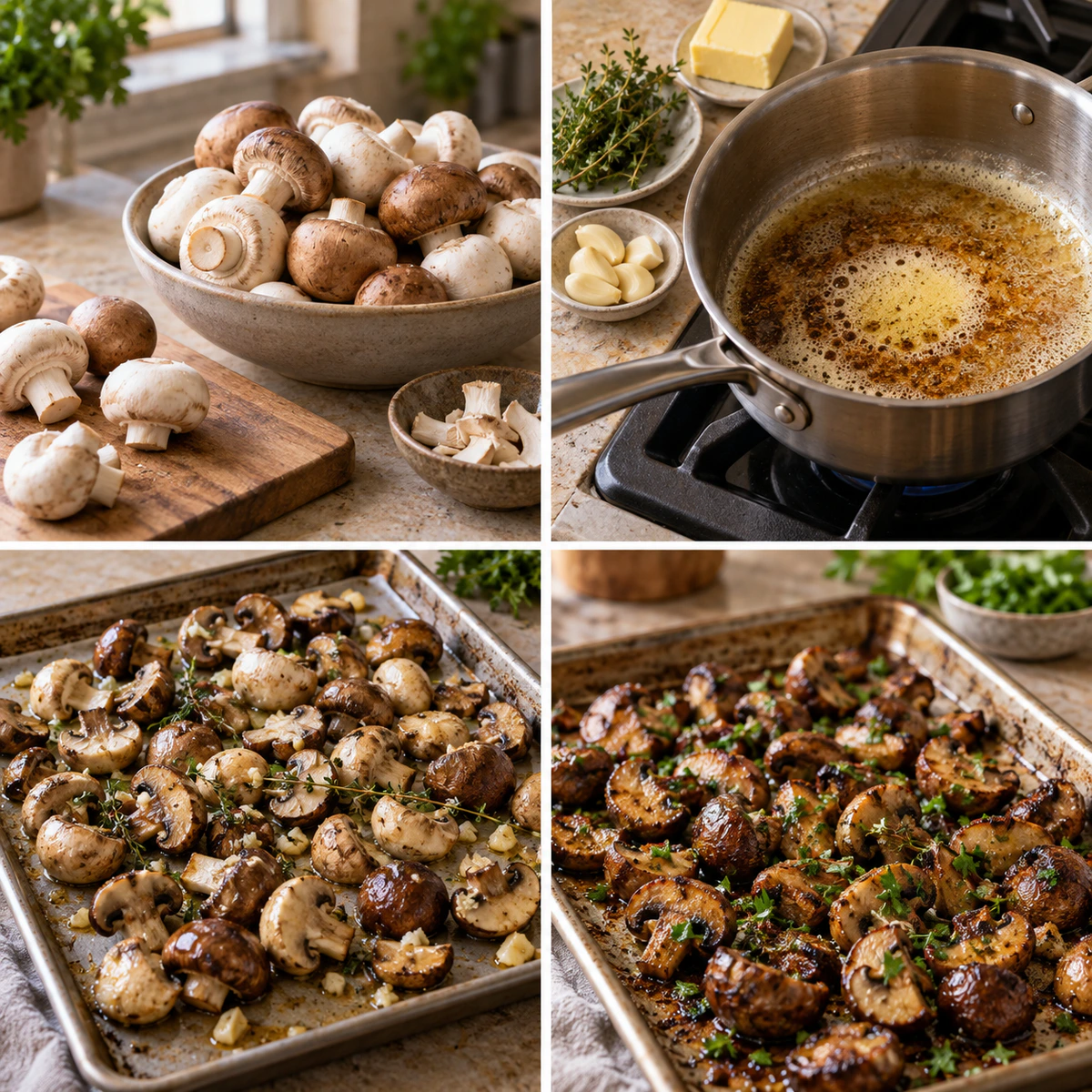 Four chronological preparation stages for Rich Roasted Mushrooms