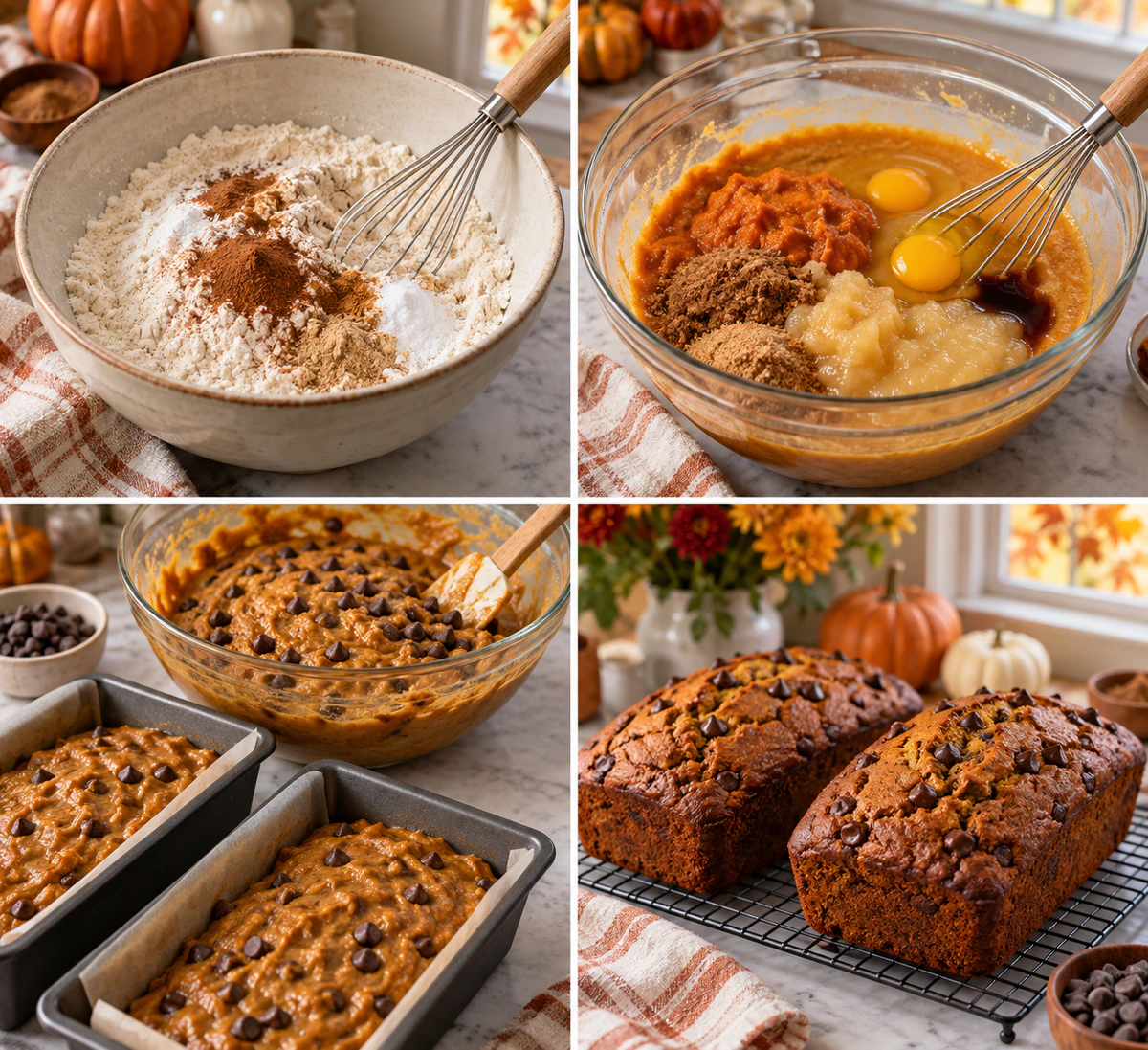 Four chronological preparation stages for Sweet Fall Loaf Recipe