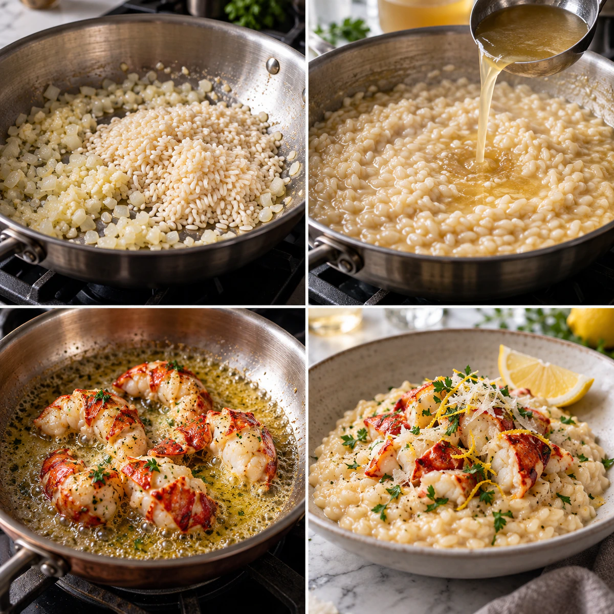 Four chronological preparation stages for Fancy Lobster Rice Dinner