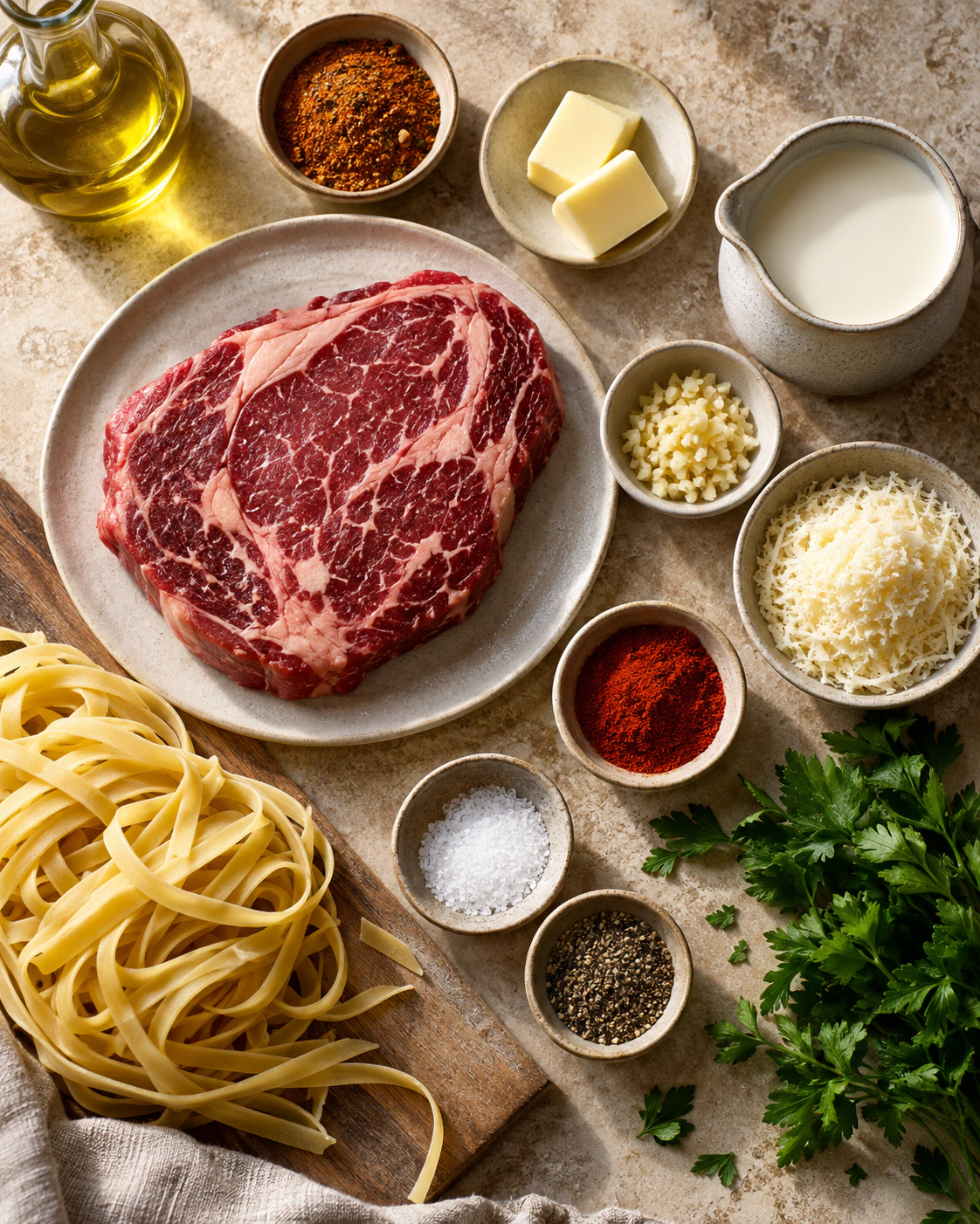 Exact measured ingredients for Spicy Cream Pasta Steak