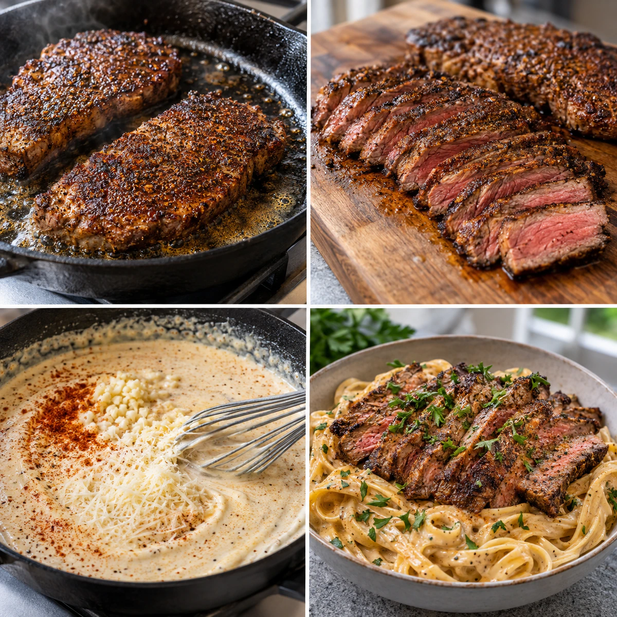 Four chronological preparation stages for Spicy Cream Pasta Steak