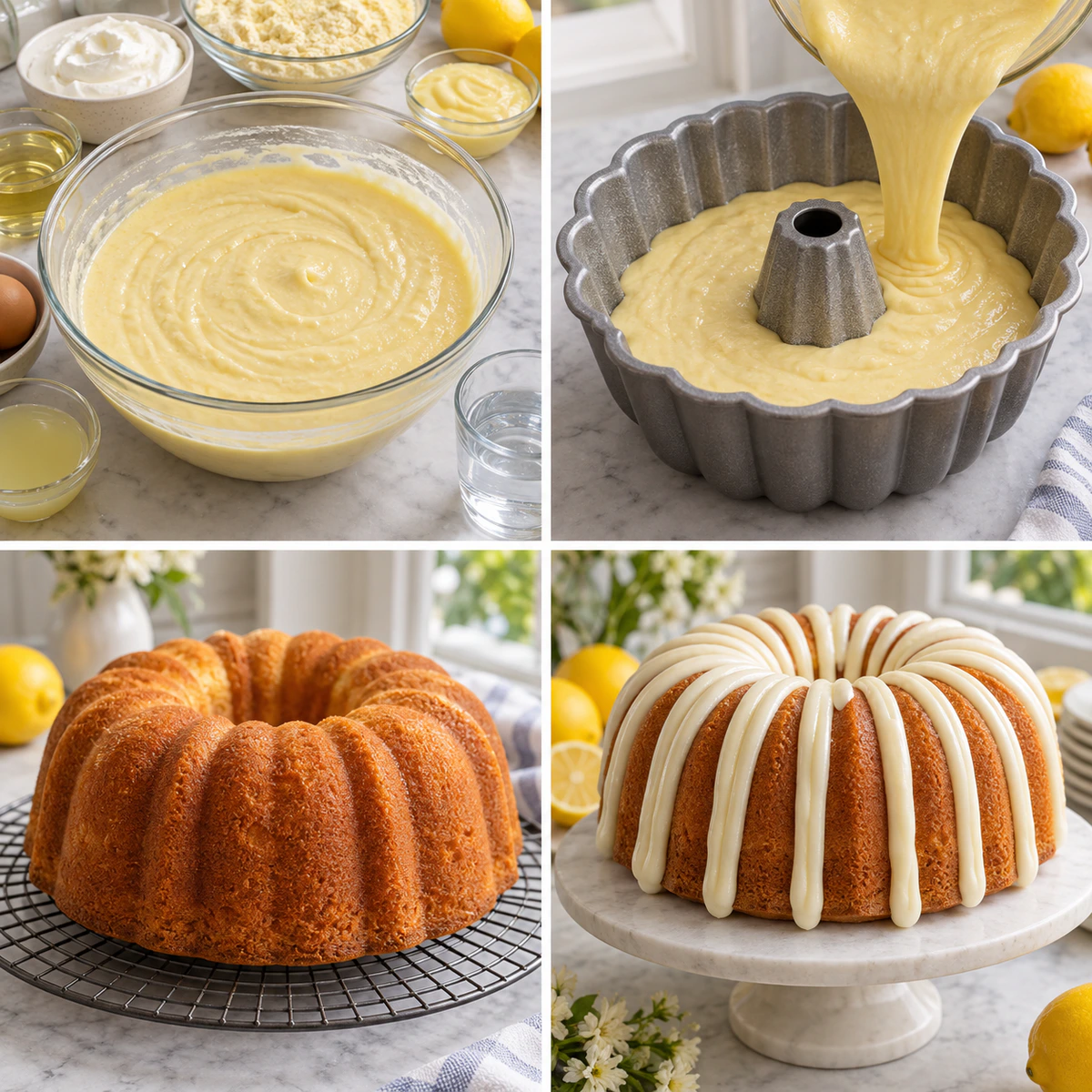 Four chronological preparation stages for Easy Lemon Cake Magic