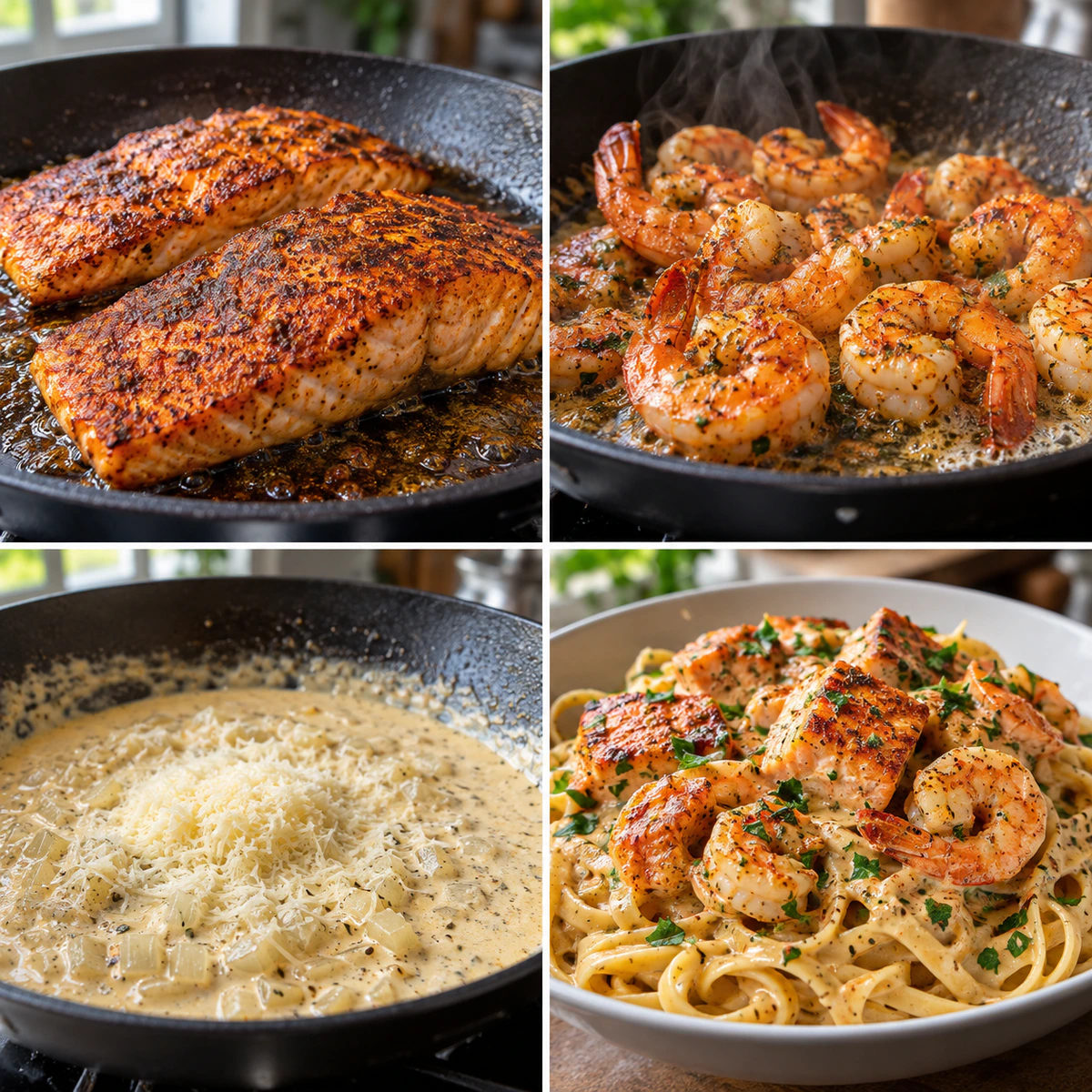 Four chronological preparation stages for Creamy Seafood Dinner