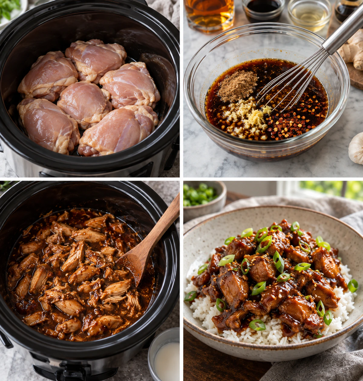 Four chronological preparation stages for Easy Crockpot Chicken Dinner