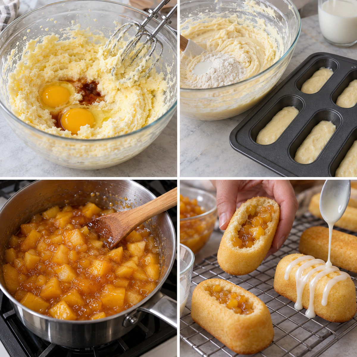 Four chronological preparation stages for Peach Filled Cakes