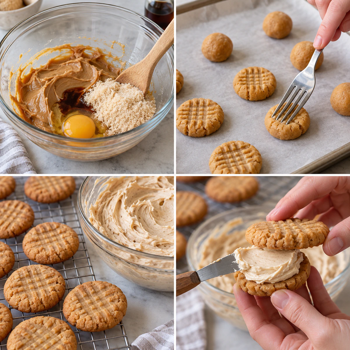 Four chronological preparation stages for Sweet Cookie Sandwiches