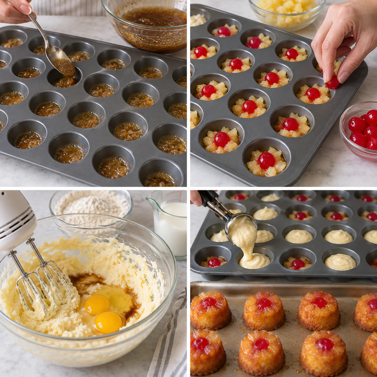 Four chronological preparation stages for Tiny Upside Down Cakes