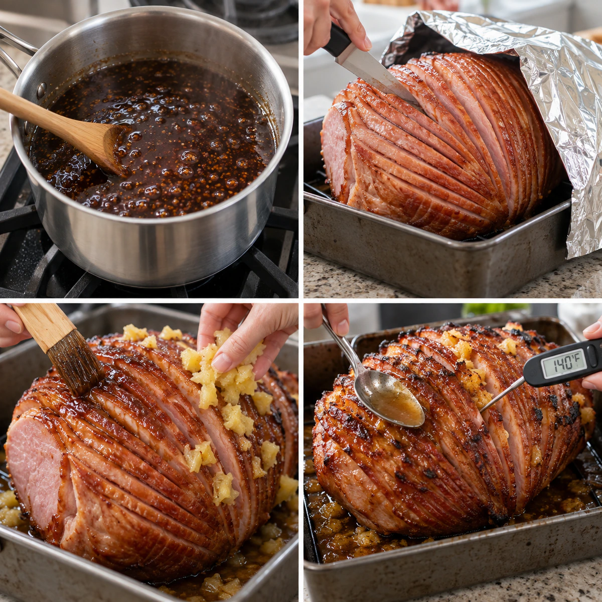Four chronological preparation stages for Sweet Glazed Holiday Ham