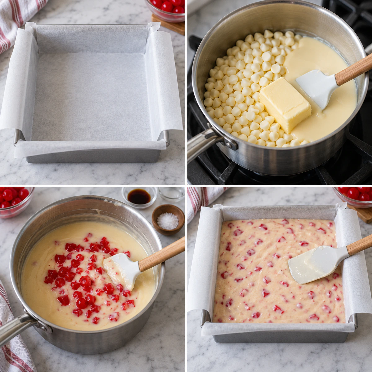 Four chronological preparation stages for Sweet Cherry Fudge