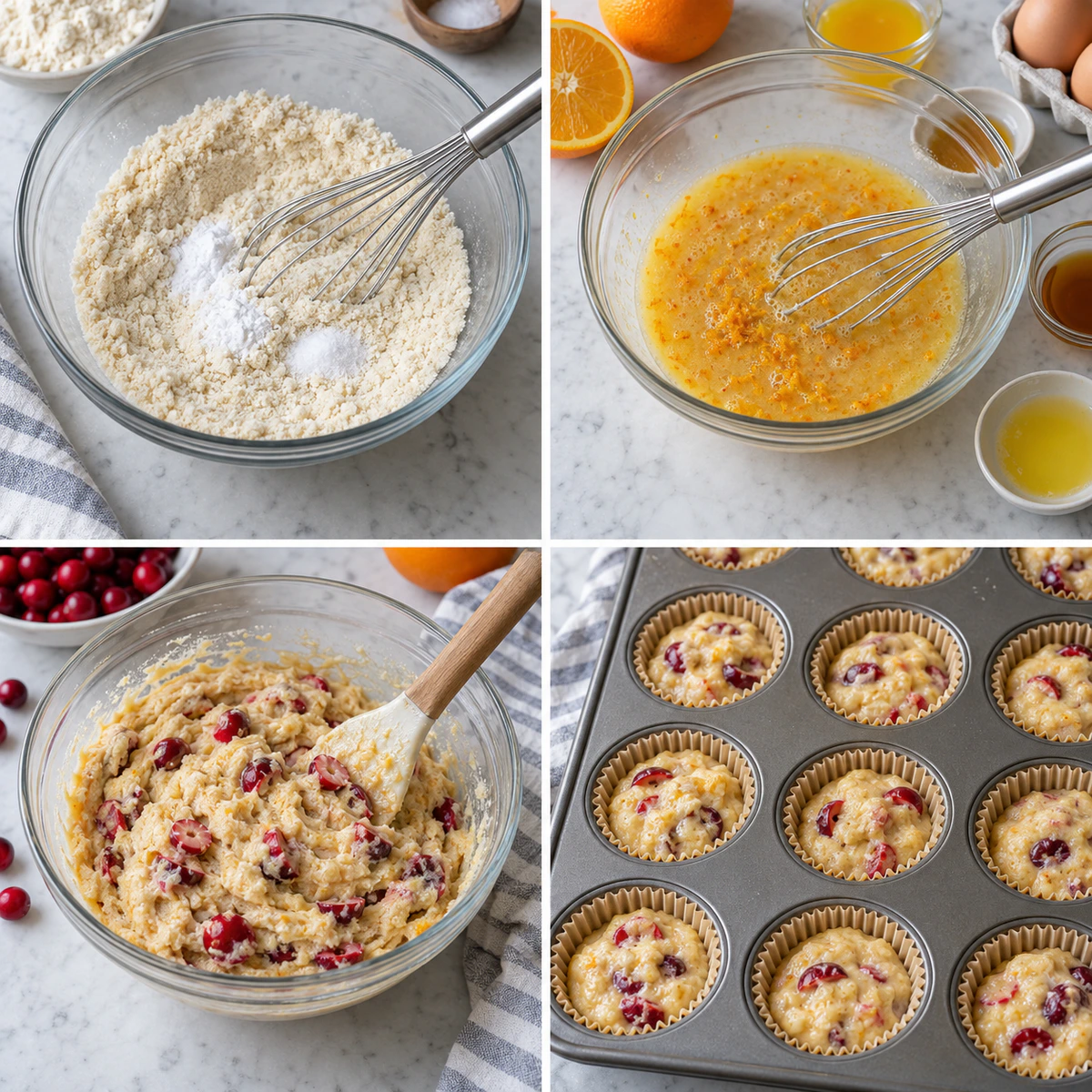 Four chronological preparation stages for Fresh Citrus Muffins