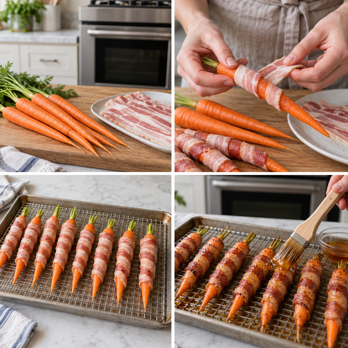Four chronological preparation stages for Sweet Bacon Carrots