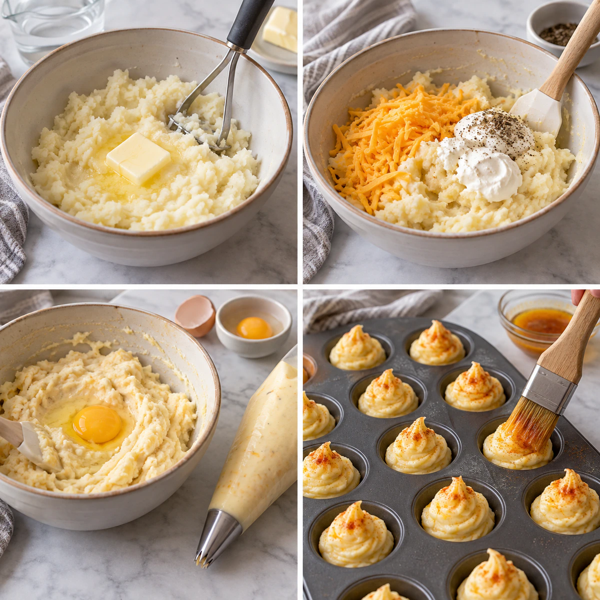 Four chronological preparation stages for Crispy Potato Bites