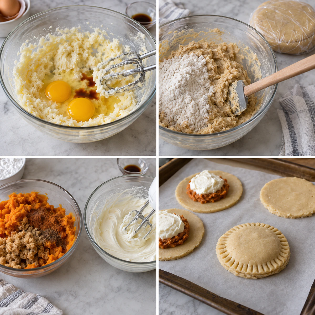 Four chronological preparation stages for Sweet Potato Cookies