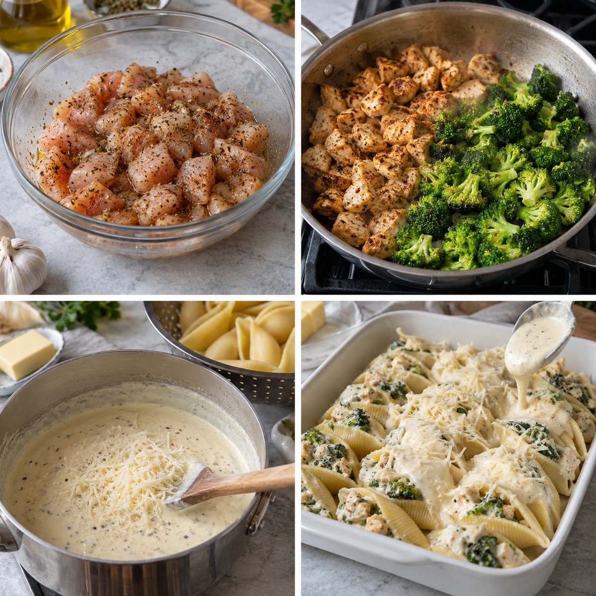 Four chronological preparation stages for Cheesy Chicken Shells
