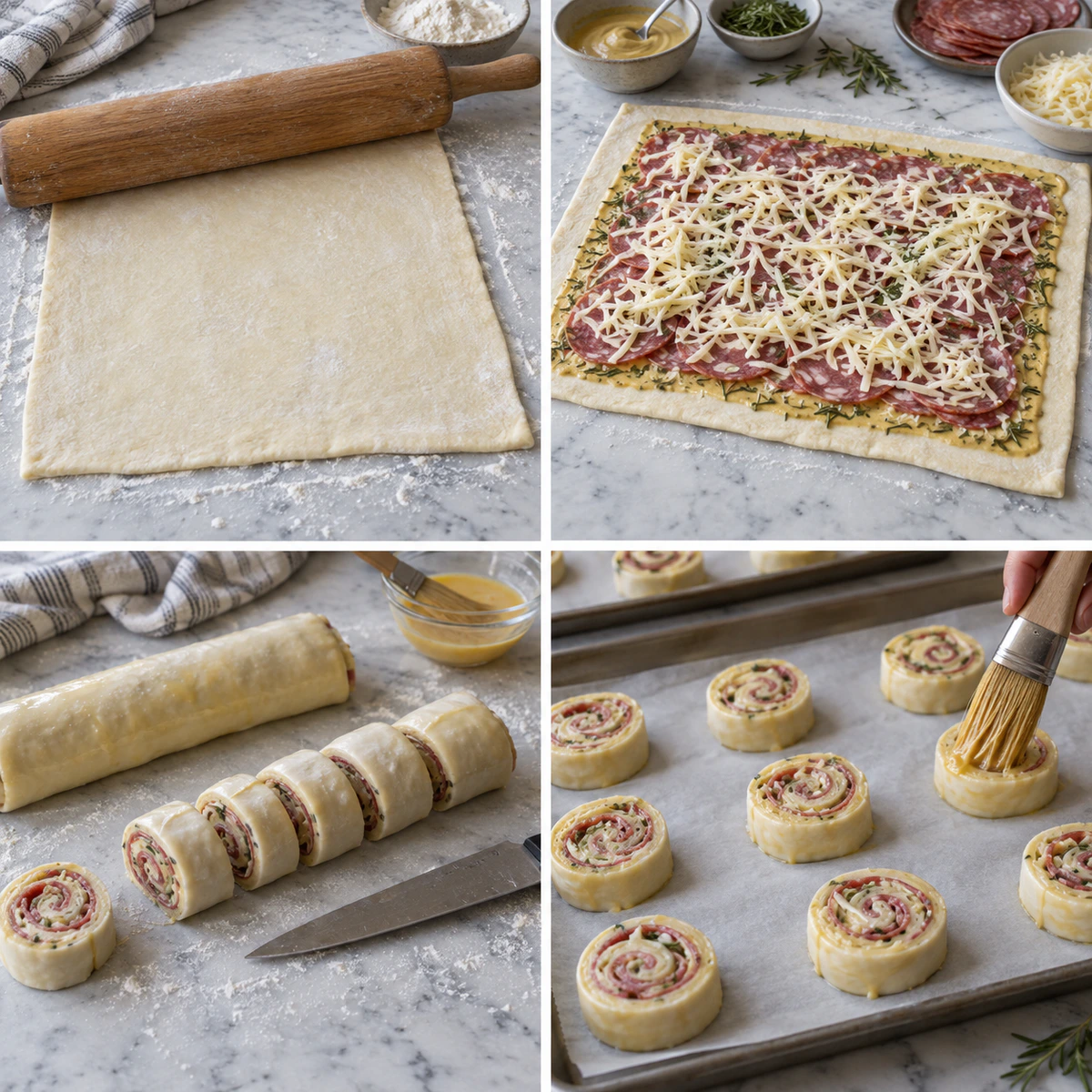 Four chronological preparation stages for Easy Party Pinwheels