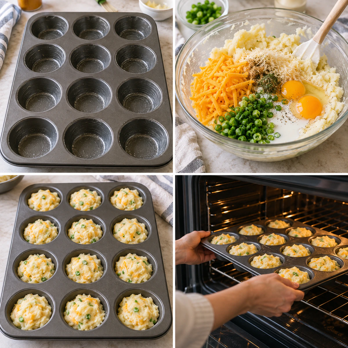 Four chronological preparation stages for Mashed Potato Bites