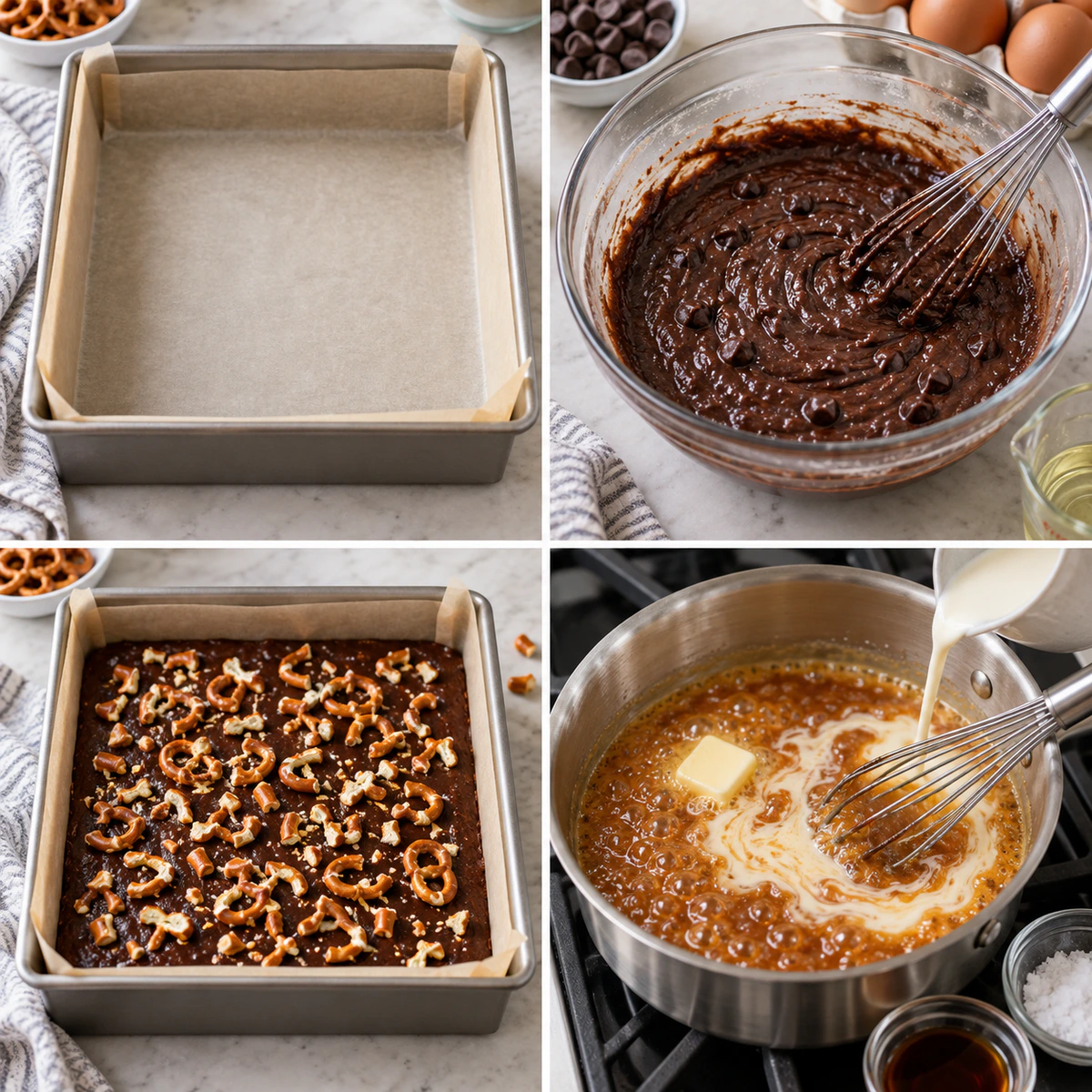 Four chronological preparation stages for Sweet Salty Brownie Bars